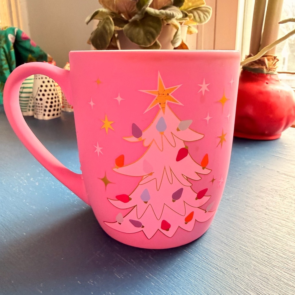 Pink Holiday Mug with Christmas Tree Design